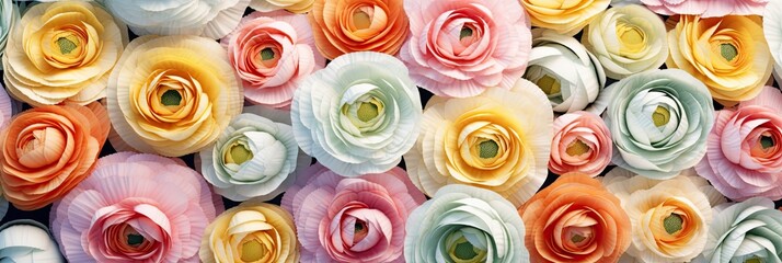 Panoramic View of a Colorful Assortment of Roses and Ranunculus flowers , wallpaper