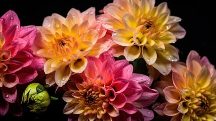 Colorful dahlia flowers with water drops on black background. Springtime Concept. Mothers Day Concept with a Copy Space. Valentine's Day.