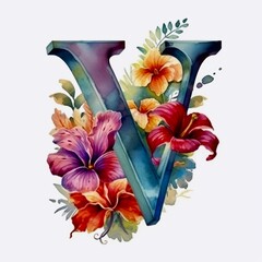 Watercolor Floral letter v, generative ai 