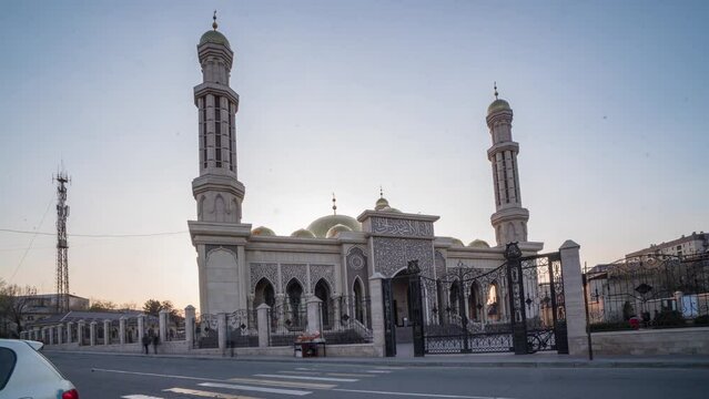 Bishkek, Kyrgyzstan, Mahmud Kashgari mosque, time lapse from day to night, beautiful cityscape of a Muslim city