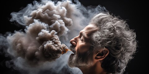 side view, a man touches his head, unleashing clusters of grey smoke that symbolize the mysteries of contemplation, uncertainty, and the ethereal realms of imagination