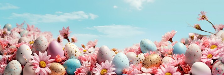Vibrant flowers and Easter eggs against a blue sky.