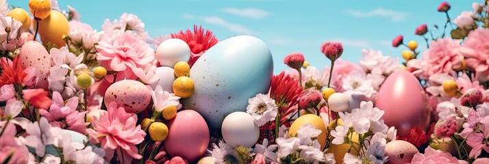 Obraz na płótnie Canvas Blue Easter egg with Pink Ranunculus flowers bloom on blue sky background 
