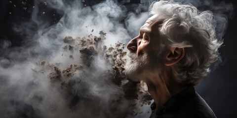 side view, a man touches his head, unleashing clusters of grey smoke that symbolize the mysteries of contemplation, uncertainty, and the ethereal realms of imagination
