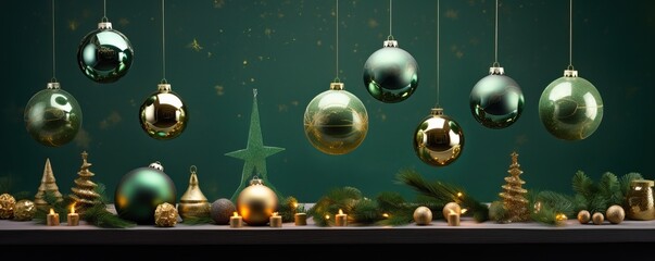 Natural Christmas decoration on a green background. Christmas holidays. Generative AI.