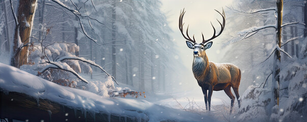 A front view of the deer in snowy forest. generative ai