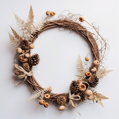 Natural Christmas wreath on a light background. Christmas holidays. Generative AI.
