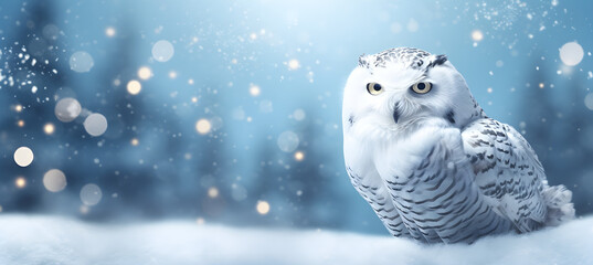 banner of polar owl on the winter background - obrazy, fototapety, plakaty