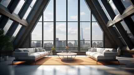 Zoom background, Modern Relaxing Penthouse Living Room with Large Windows, Generative AI - obrazy, fototapety, plakaty