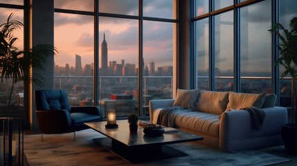 Zoom background, Penthouse Living Room with Large Windows and Stylish Furniture, Generative AI