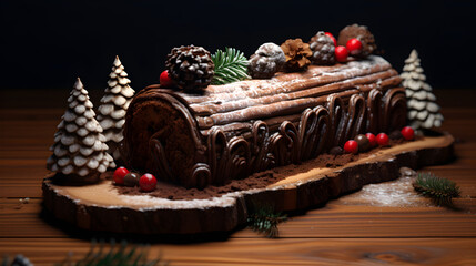 Fototapeta na wymiar A Yule log is a traditional Christmas cake, often served as a dessert near Christmas, especially in France, Belgium, Luxembourg, Switzerland