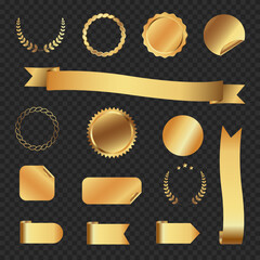 Collection of gold labels for Black Friday discounts or shopping promotions and sales. Gold luxury ribbons for premium quality certificates, New Year holiday stickers. For icon, logo, sign, print, sym