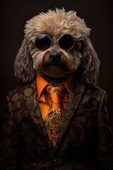 Dog poodle dressed in an elegant suit with a nice tie. Fashion portrait of an anthropomorphic animal posing with a charismatic human attitude