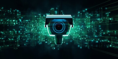 hadows of an electronic network, a solitary security camera stands sentinel, its lens peering into the dark abyss of code—a visual symphony of vigilance in the realm of cybersecurity