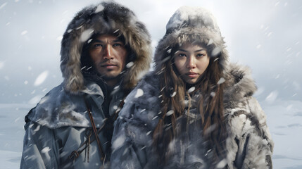 banner of Happy Eskimo couple in traditional outfit