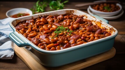 Baked beans in a casserole dish - obrazy, fototapety, plakaty