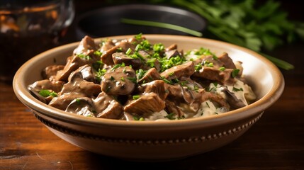 Beef stroganoff in a serving bowl
