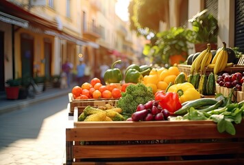 typical mediterranean vegetable street store full of colorful fruits and vegetables, health concept