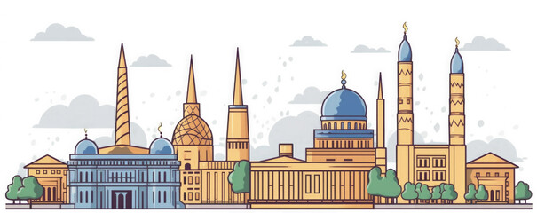 Obraz premium Uzbekistan Landmarks Skyline Silhouette Style, Colorful, Cityscape, Travel and Tourist Attraction - Generative AI