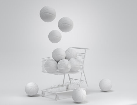 Set of ball like basketball, football and golf in shopping cart on monochrome