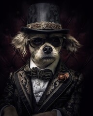 Dog dressed in an elegant modern suit with a nice tie. Fashion portrait of an anthropomorphic animal posing with a charismatic human attitude