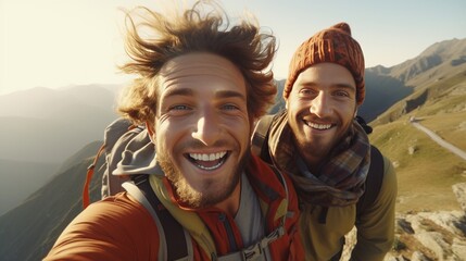 Two happy hikers taking selfie photograph on the top of the hill or mountain with beautiful landscape and sky in the background.