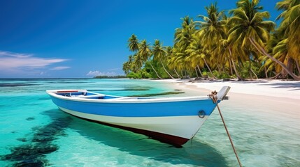 Fototapeta na wymiar Boat at Pier with tropical Beach Palm Tree Turquoise Sea Blue Sky Sunny Day. Vacation Panaroma