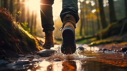 Adventure and exploration, back to nature and offline lifestyle concepts. A hiker feet walking in water, stream, in a forest. Escaping from the hustle of the big city.