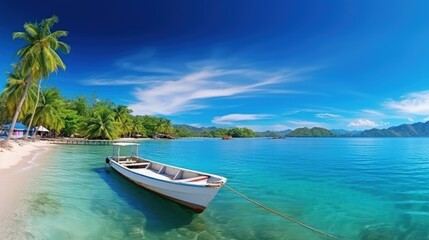 Fototapeta na wymiar Boat at Pier with tropical Beach Palm Tree Turquoise Sea Blue Sky Sunny Day. Vacation Panaroma