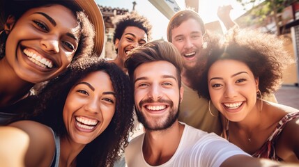 Group of friends taking selfie photo while smiling at the camera. Portrait photography of young people, multiracial group, enjoy spending time on a vacation together.