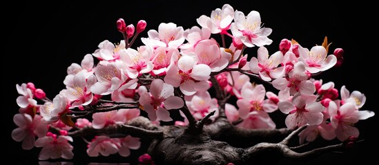 In the midst of a picturesque black background an isolated tree stands tall its beautiful blossoms decorating the nature filled scene of springtime while releasing pollen that both signifies