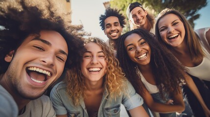 Obraz premium Group of friends taking selfie photo while smiling at the camera. Portrait photography of young people, multiracial group, enjoy spending time on a vacation together.