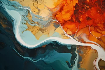 Fototapeten Abstract colourful marble background fluid art painting alcohol ink style with a mix of black, gold, red and blue colours. Beautiful swirl marble background. © Hunman