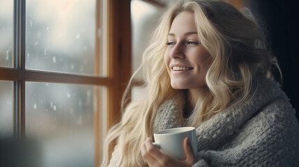 Obrazy na Plexi   Happy blond woman with bunch hairstyle warming and cover knitted plaid enjoying in her coffee time by the window in cold winter day. Peace of mind and mental health.