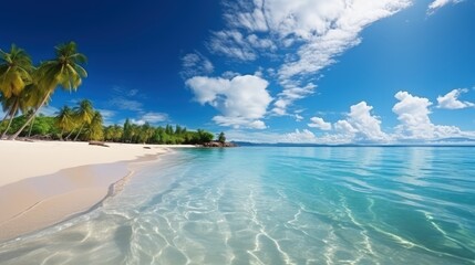 Fototapeta premium Beautiful beach with white sand with clouds and palm tree over the water on a Sunny day. Tropical landscape, wide format