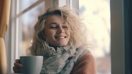 
Happy blond woman with bunch hairstyle warming and cover knitted plaid enjoying in her coffee time...