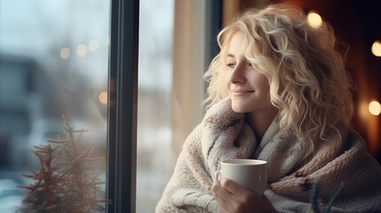 
Happy blond woman with bunch hairstyle warming and cover knitted plaid enjoying in her coffee time by the window in cold winter day. Peace of mind and mental health. - obrazy, fototapety, plakaty