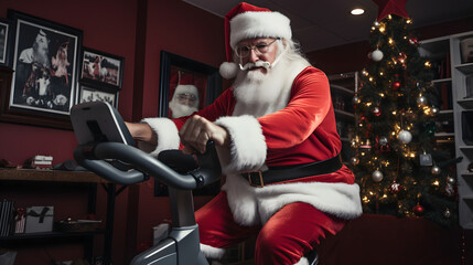 Santa Claus riding on exercise bike at christmas. Funny christmas concept.