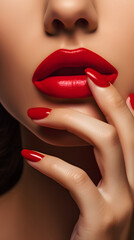 Closeup of beautiful female lips with red manicure and nail polish, studio fashion shot. Cosmetics, beauty, makeup and nails hand care concept.
