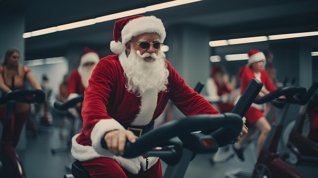Santa Claus riding on exercise bike in gym during christmas.