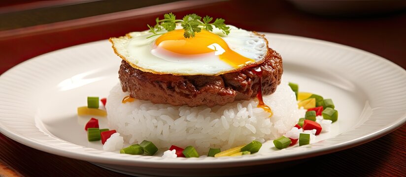 In the restaurant a white plate was elegantly presented with a tropical twist a mouthwatering burger made with Hawaiian cuisine accompanied by a side of steaming rice and topped with a perf