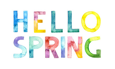 Watercolor hand drawn lettering isolated on white background. Handwritten message. Hello Spring. Can be used as a print on t-shirts and bags, for cards, banner or poster.