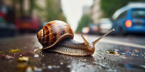 A snail on the asphalt of a wet road with cars - obrazy, fototapety, plakaty