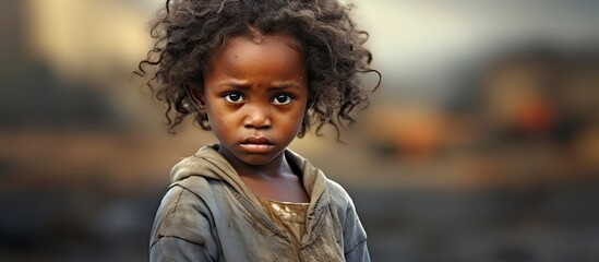 Standing against a desolate African background a cute black child with a baby face offers a poignant portrait of poverty as they are isolated from school and the concept of a better future - obrazy, fototapety, plakaty