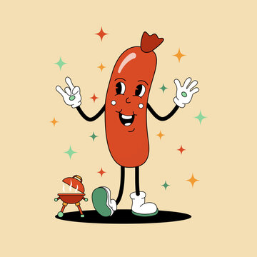 Comic flat Sausage with face on decorated background. Vector cartoon illustration in groovy retro style with barbecue set. Image of fresh tasty meat character with smile for advertising or design