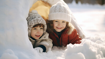 Two little children have fun playing in a snow fort on a sunny winter day. Winter retro clothes for cold weather.