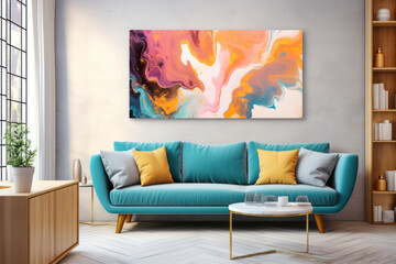 cheerful and happy mood living room idea of home decor design with colorful abstract painting art wall hanging picture, mockup idea - obrazy, fototapety, plakaty