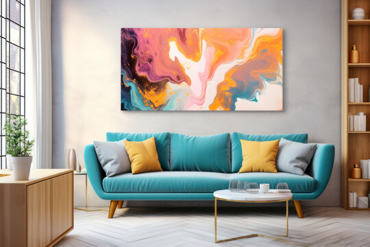 Fototapeta cheerful and happy mood living room idea of home decor design with colorful abstract painting art wall hanging picture, mockup idea