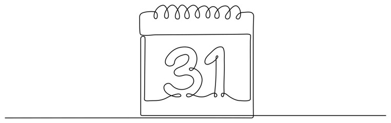 31 December continuous line drawing. Celebration date. Vector illustration isolated on white.