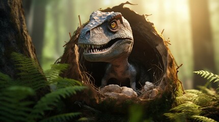 Young dinosaur T Rex hatches from an egg in forest in habitat
